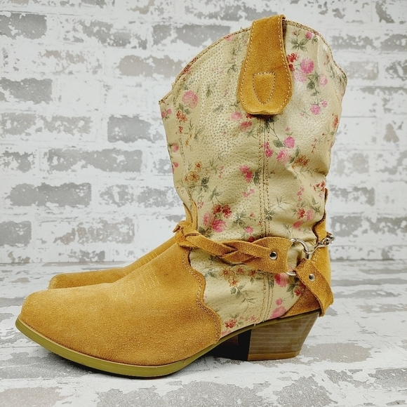 Santa Fe Yellow & Cream Leather Floral Western Heeled Bootie C702 - Picture 1 of 11